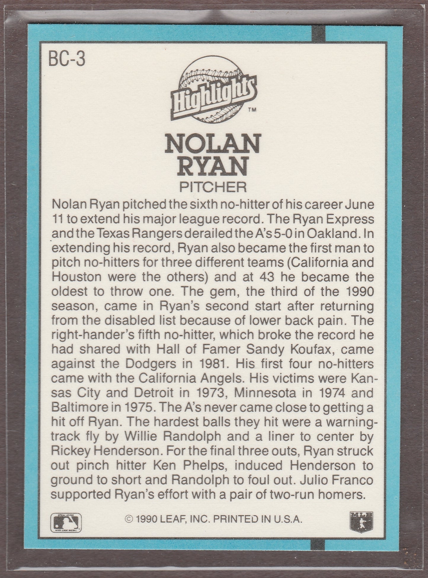 1991 Donruss NOLAN RYAN BC-3 Astros Rangers Near Mint