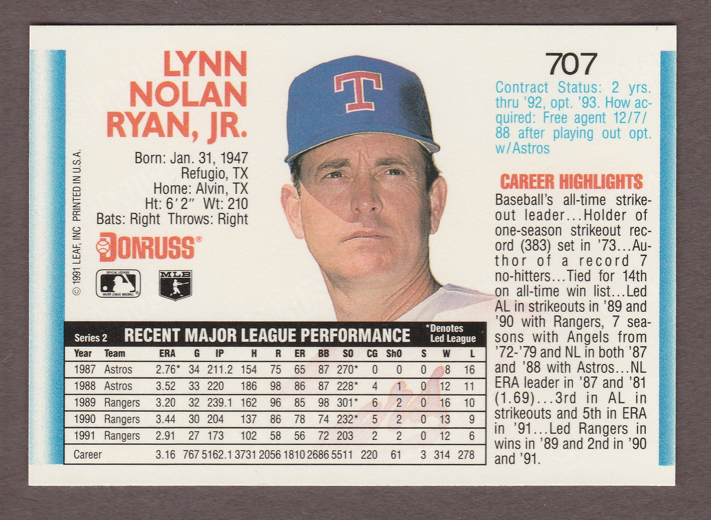 1992 Donruss NOLAN RYAN 707 Astros Rangers Near Mint