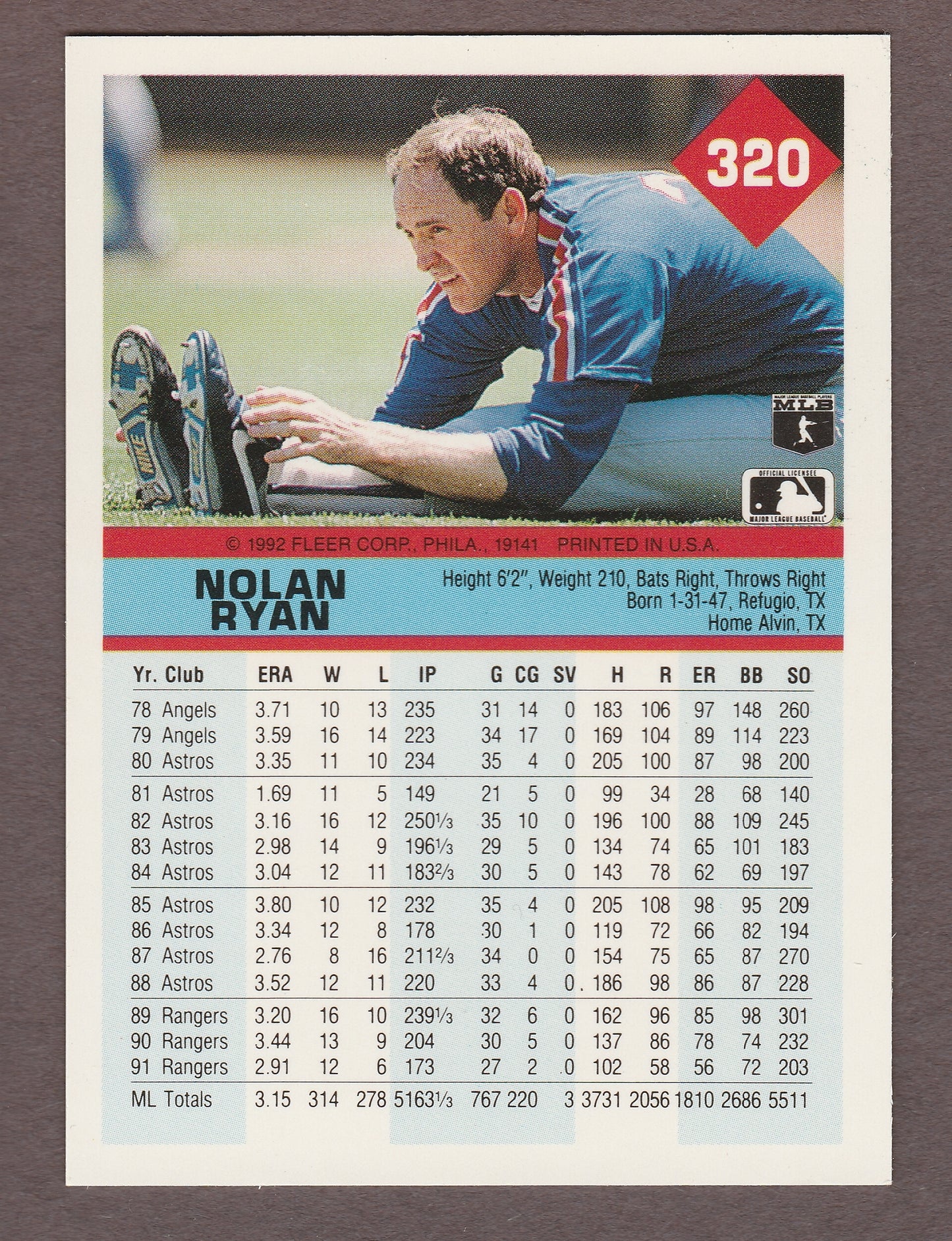 1992 Fleer NOLAN RYAN 320 Astros Rangers Near Mint