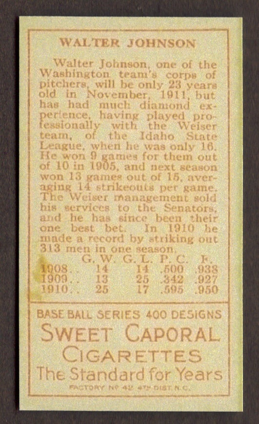 WALTER JOHNSON Rookie RP Card Gold Border Sweet Caporal Senators 1911 T205