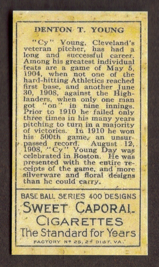 CY YOUNG RP Card 220 Gold Borders Cleveland Naps Sweet Caporal brown 1911 T205