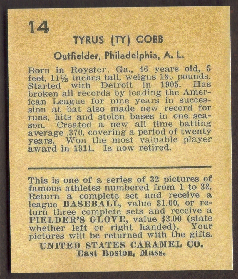 TY COBB RP Card 14 Tigers 1932 US Caramel