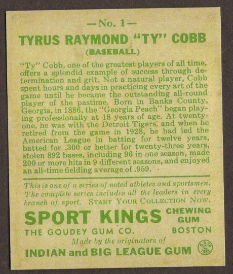 TY COBB RP Card 1 Sport Kings Tigers 1933 G