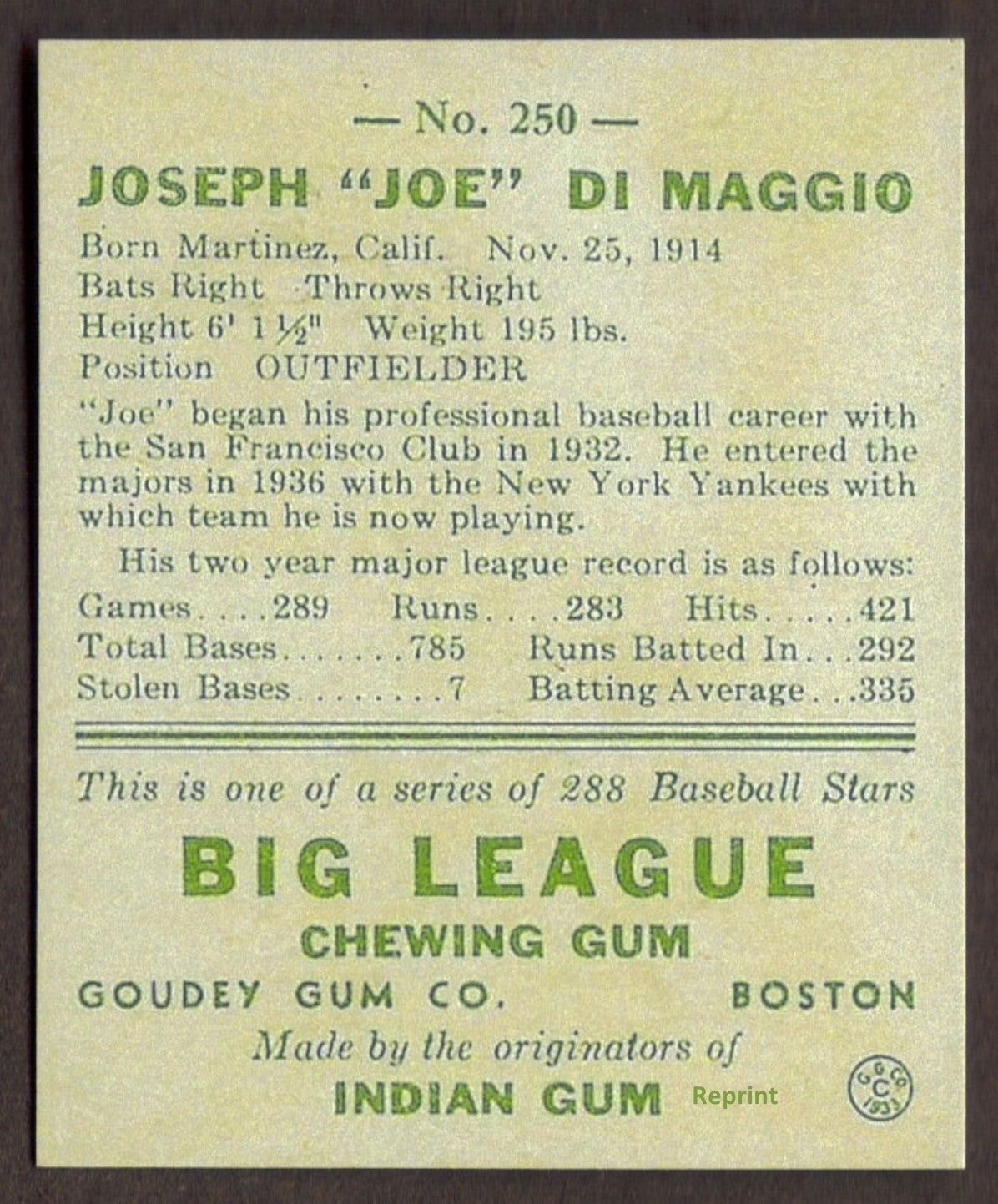 JOE DiMAGGIO Rookie RP Card 250 Yankees RC 1938 G Heads Up