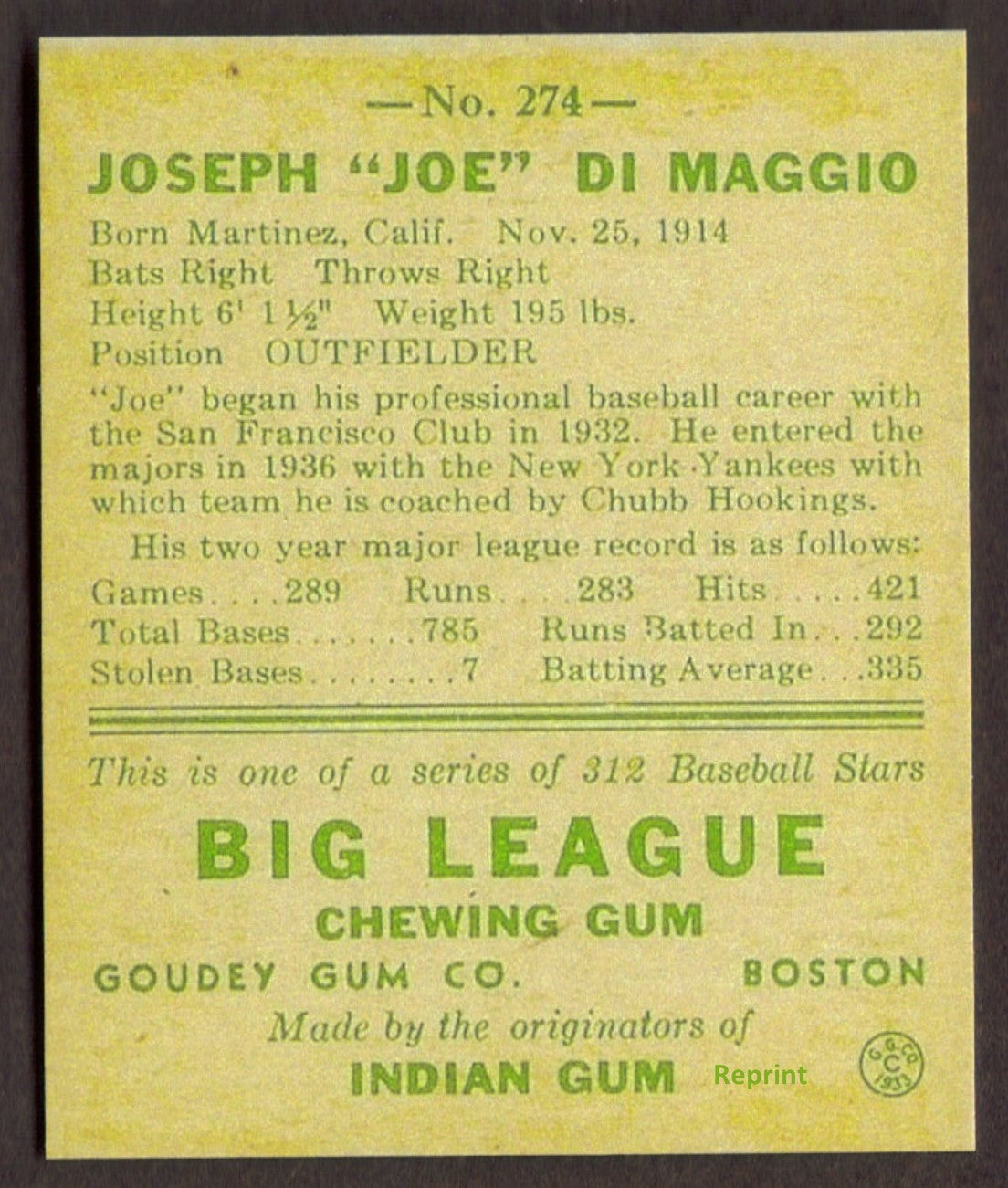 JOE DiMAGGIO Rookie RP Card 274 Yankees RC 1938 G Heads Up