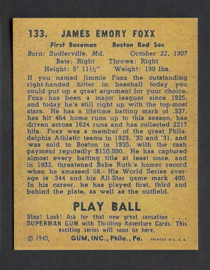 JIMMIE FOXX RP Card 133 Red Sox 1940 PB