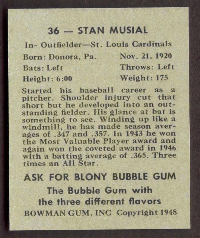 STAN MUSIAL Rookie RP Card 36 Cardinals RC 1948 B