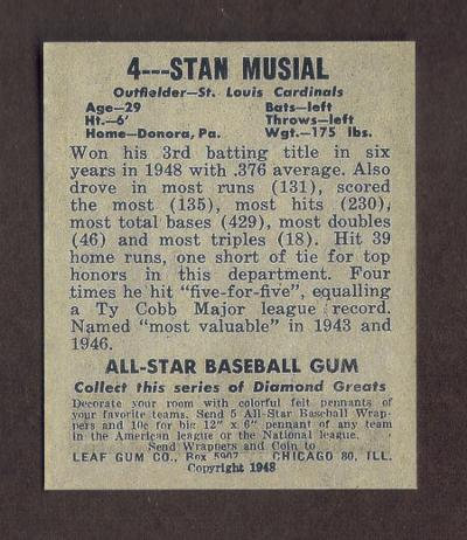 STAN MUSIAL Rookie RP Card 4 Cardinals RC 1948 L