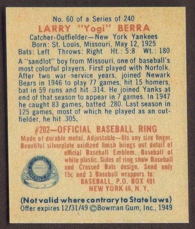 YOGI BERRA RP Card 60 Yankees 1949 B