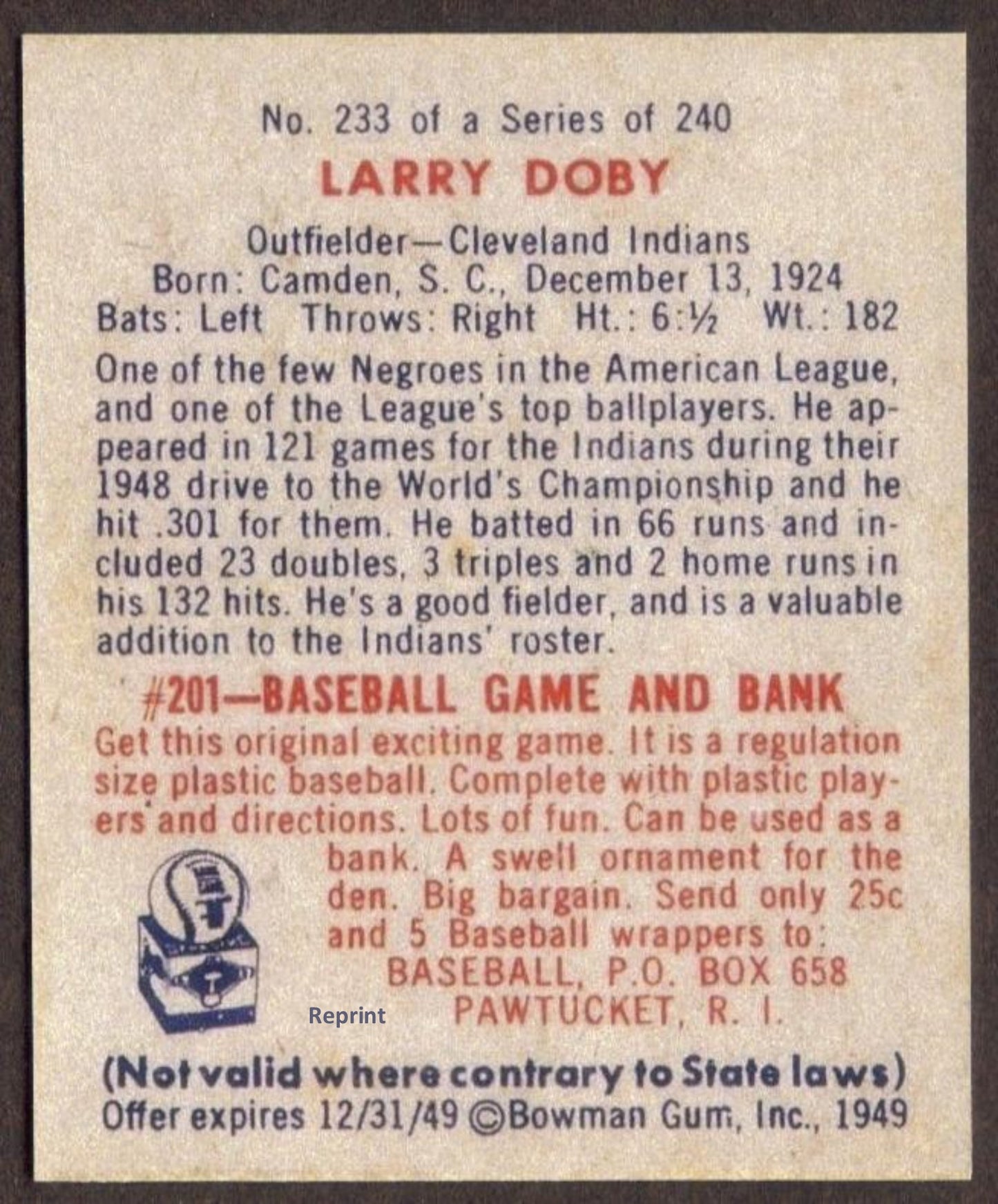 LARRY DOBY Rookie RP Card 233 Indians RC 1949 B