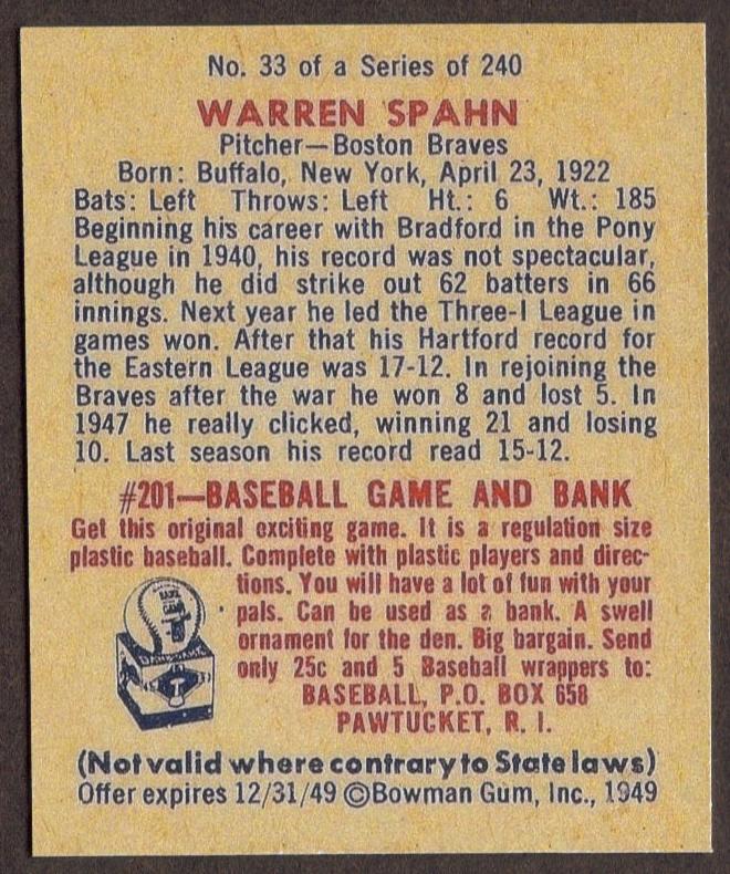 WARREN SPAHN RP Card 33 Braves 1949 B