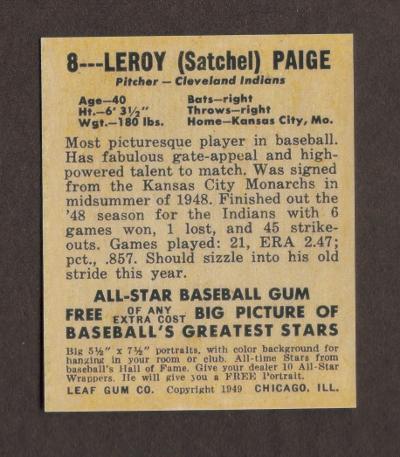 Leroy SATCHEL PAIGE Rookie RP Card 8 Indians RC 1949 L