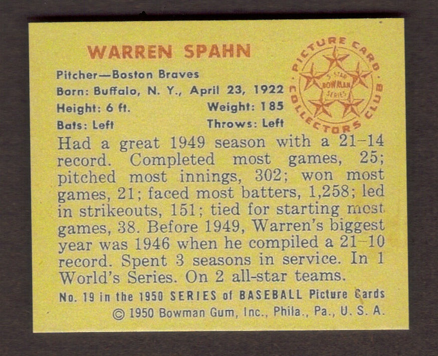 WARREN SPAHN RP Card 19 Braves 1950 B