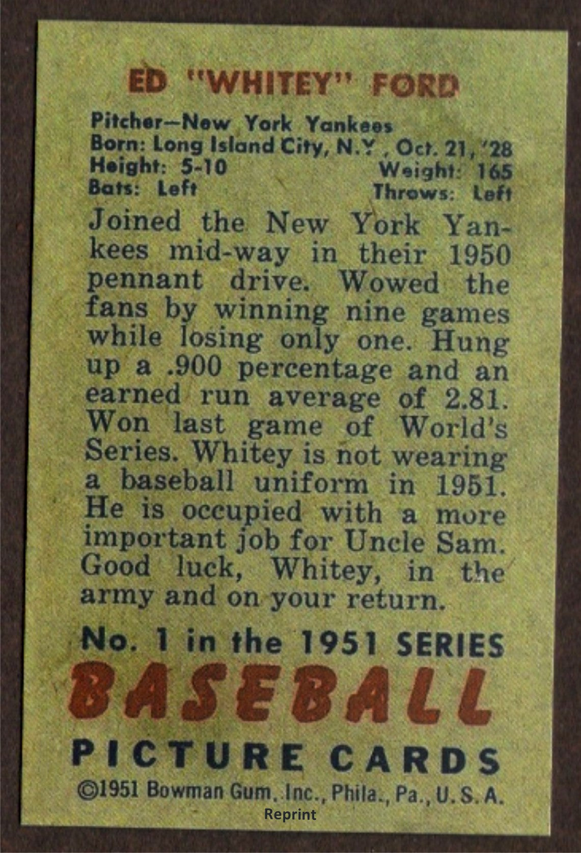 WHITEY FORD Rookie RP Card 1 Yankees RC 1951 B