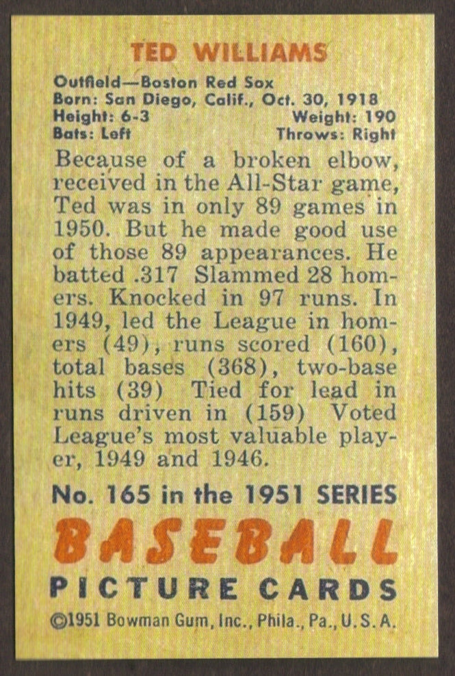 TED WILLIAMS RP Card 165 Red Sox 1951 B