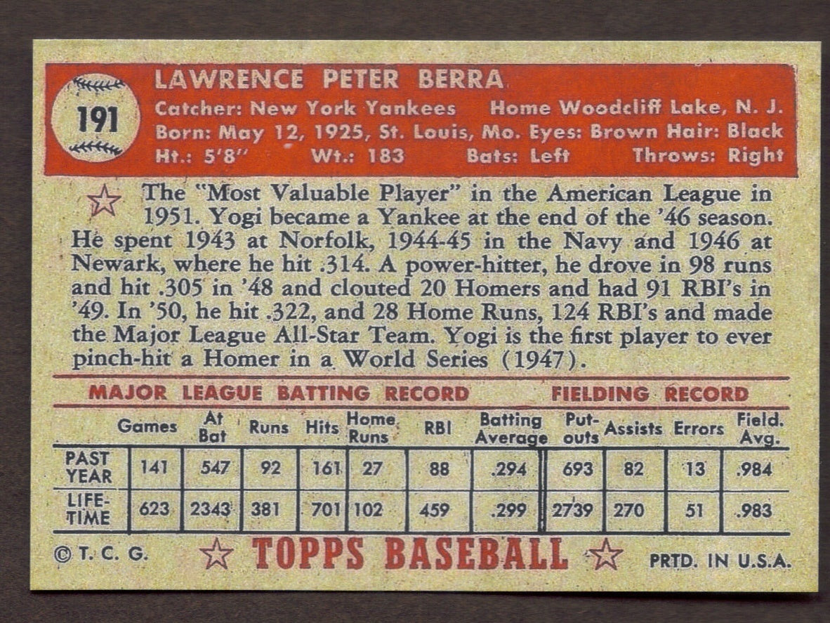 YOGI BERRA RP Card 191 Yankees 1952 T