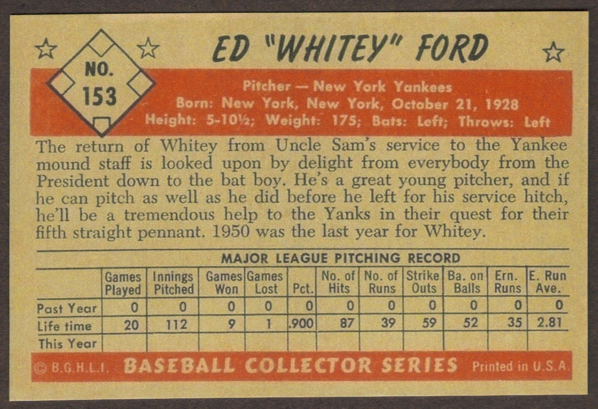 WHITEY FORD RP Card 153 Yankees 1953 B