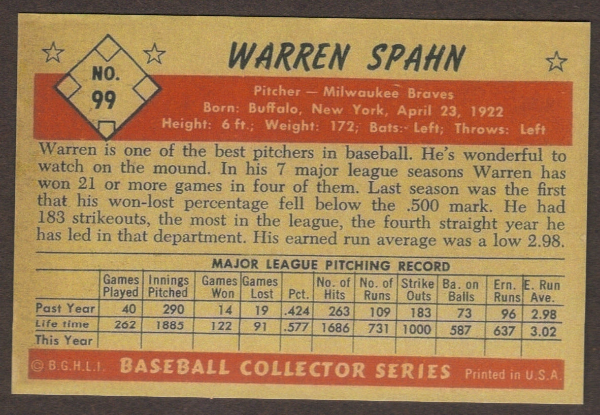 WARREN SPAHN RP Card 99 Braves 1953 B