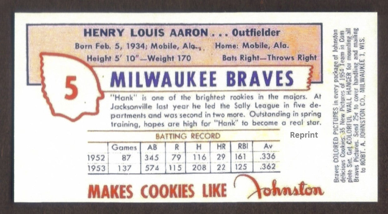 Henry HANK AARON Rookie RP Card 5 Braves RC 1954 Johnston