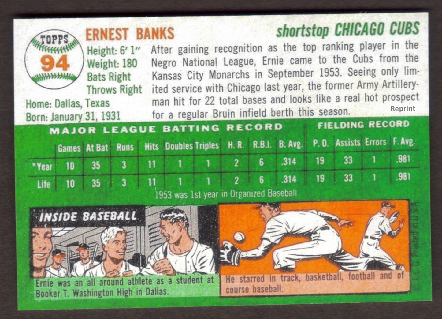 ERNIE BANKS Rookie RP Card 94 Cubs RC 1954 T