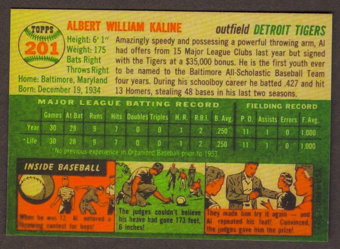 AL KALINE Rookie RP Card 201 Tigers RC 1954 T