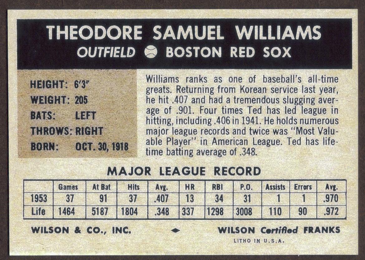 TED WILLIAMS RP Card Wilson Red Sox 1954