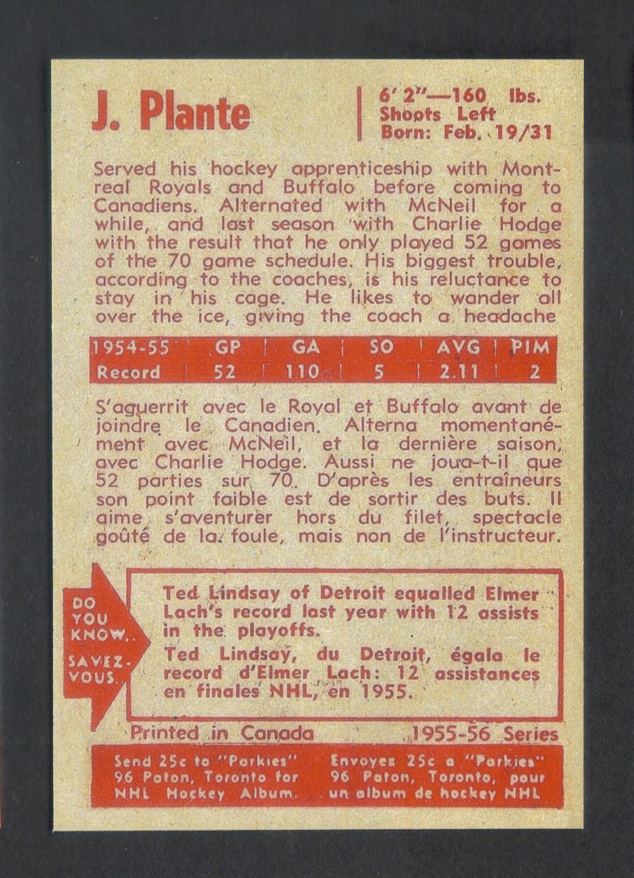 JACQUES PLANTE Rookie RP Card 50 Canadiens RC 1955 PH