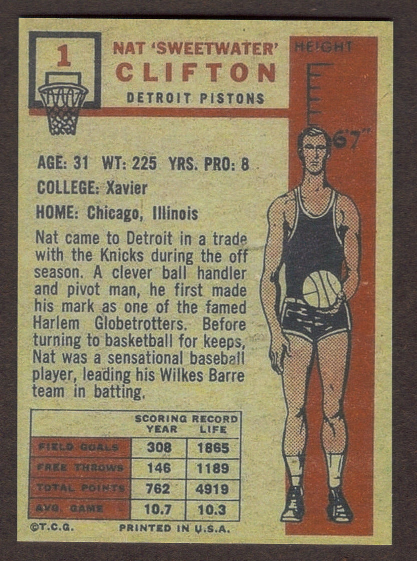 Nat SWEETWATER CLIFTON Rookie RP Card 1 Pistons RC 1957 T