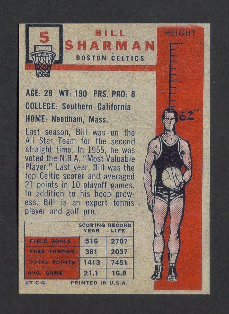 BILL SHARMAN Rookie RP Card 5 Celtics RC 1957 T