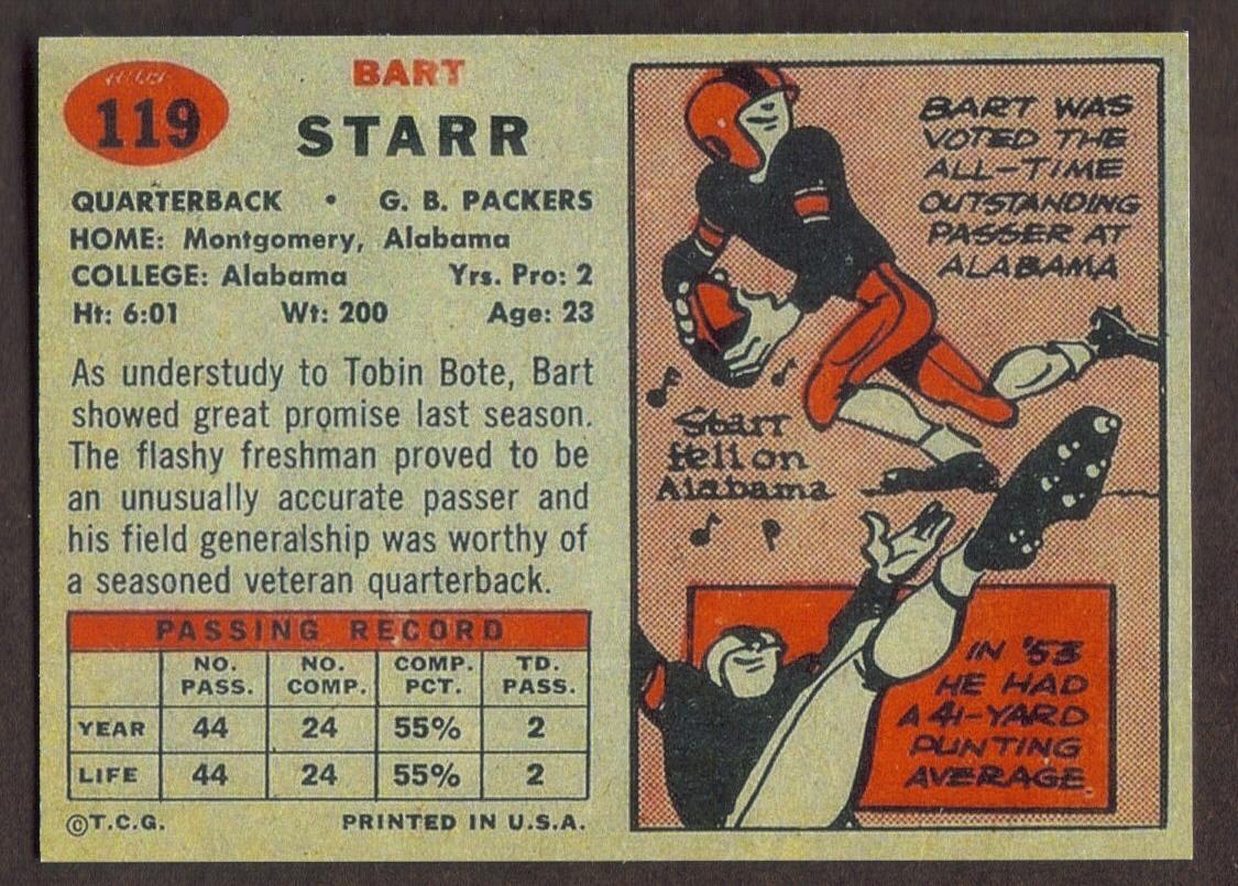 BART STARR Rookie RP Card 119 Packers RC 1957 T