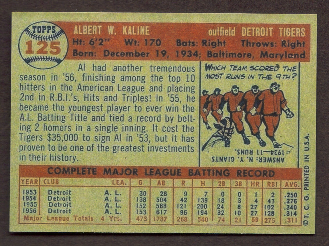 AL KALINE RP Card 125 Tigers 1957 T