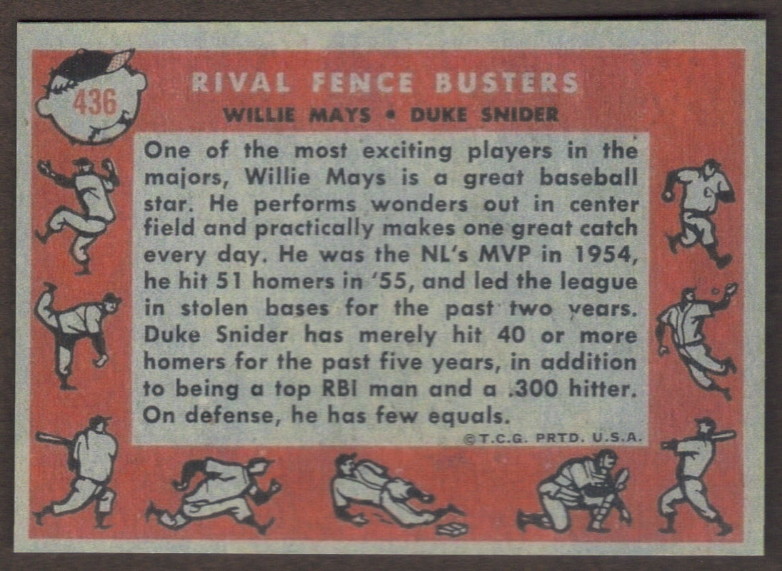 RIVAL FENCE BUSTERS WILLIE MAYS RP Card 436 DUKE SNIDER Dodgers Giants 1958 T