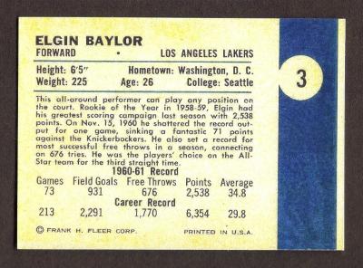 ELGIN BAYLOR Rookie RP Card 3 Lakers RC 1961 F