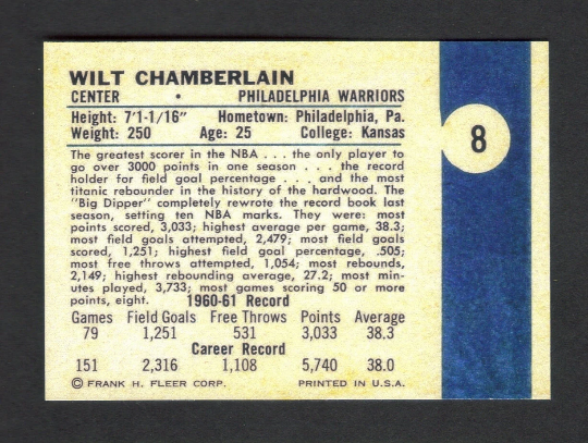 WILT CHAMBERLAIN Rookie RP Card 8 Warriors RC 1961 F