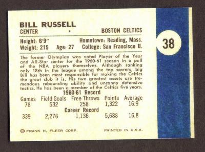 BILL RUSSELL RP Card 38 Celtics RC 1961 F