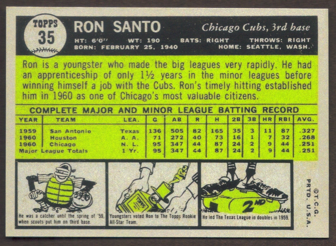 RON SANTO Rookie RP Card 35 AS Cubs RC 1961 T