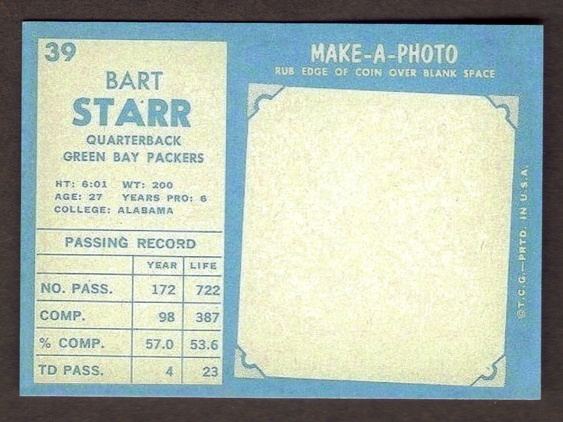 BART STARR RP Card 39 Packers 1961 T