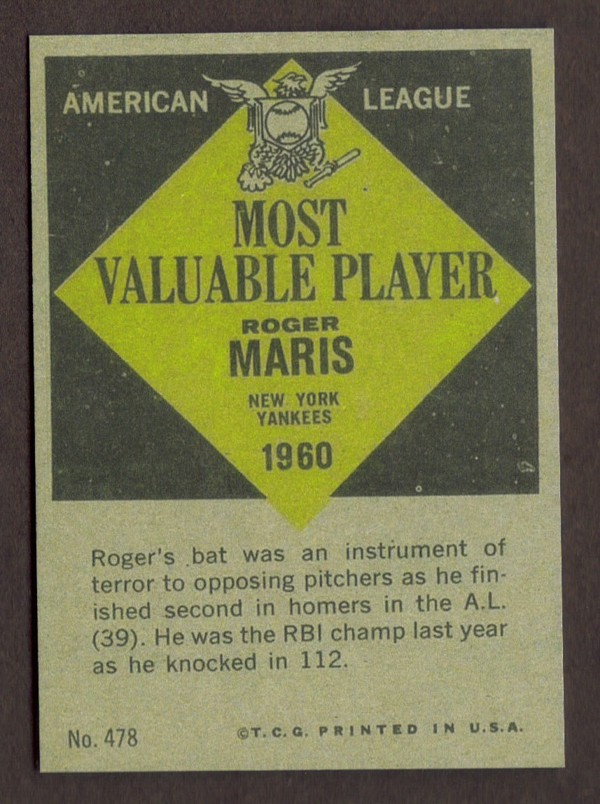 ROGER MARIS RP Card 478 MVP Yankees 1961 T