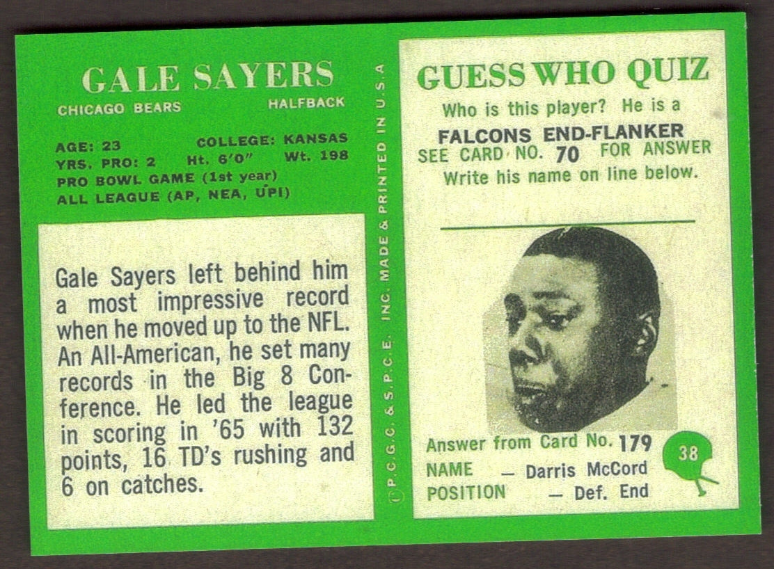 GALE SAYERS Rookie RP Card 38 Bears RC 1966 Phil