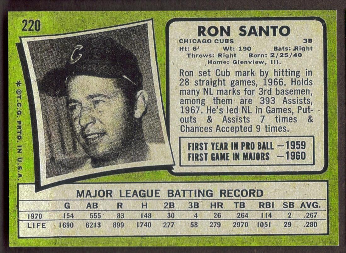 RON SANTO RP Card 220 Cubs 1971 T