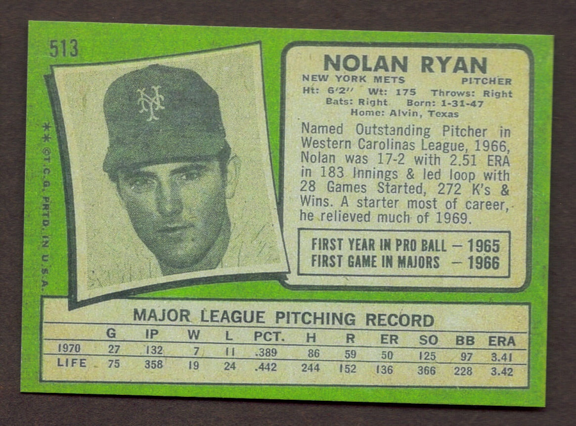 NOLAN RYAN RP Card 513 High# Mets 1971 T