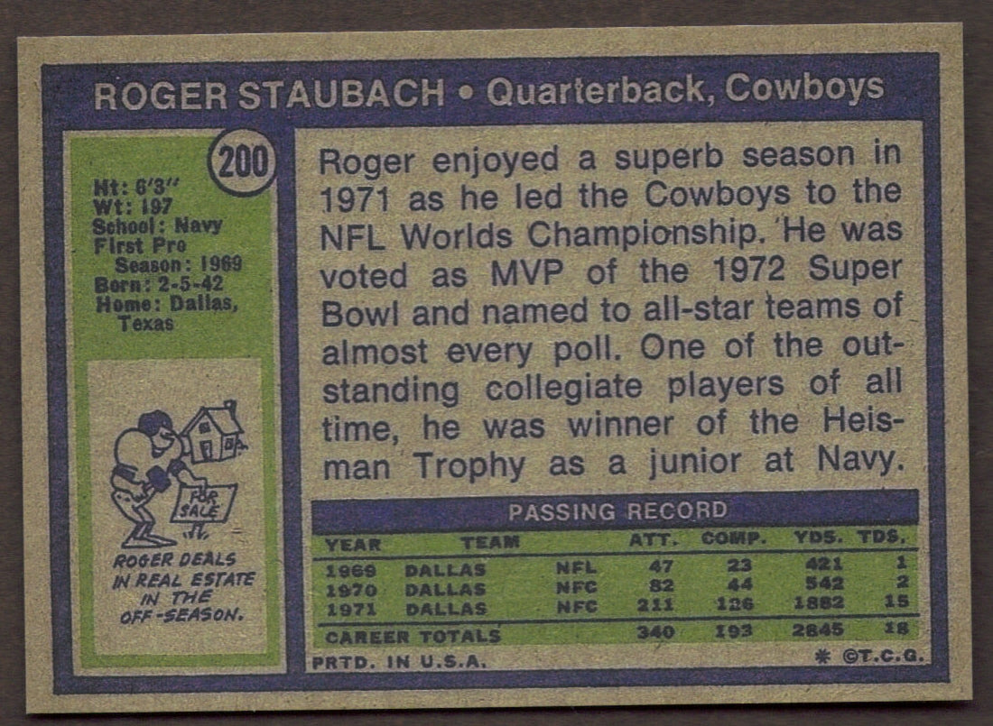 ROGER STAUBACH Rookie RP Card 200 Cowboys RC 1972 T