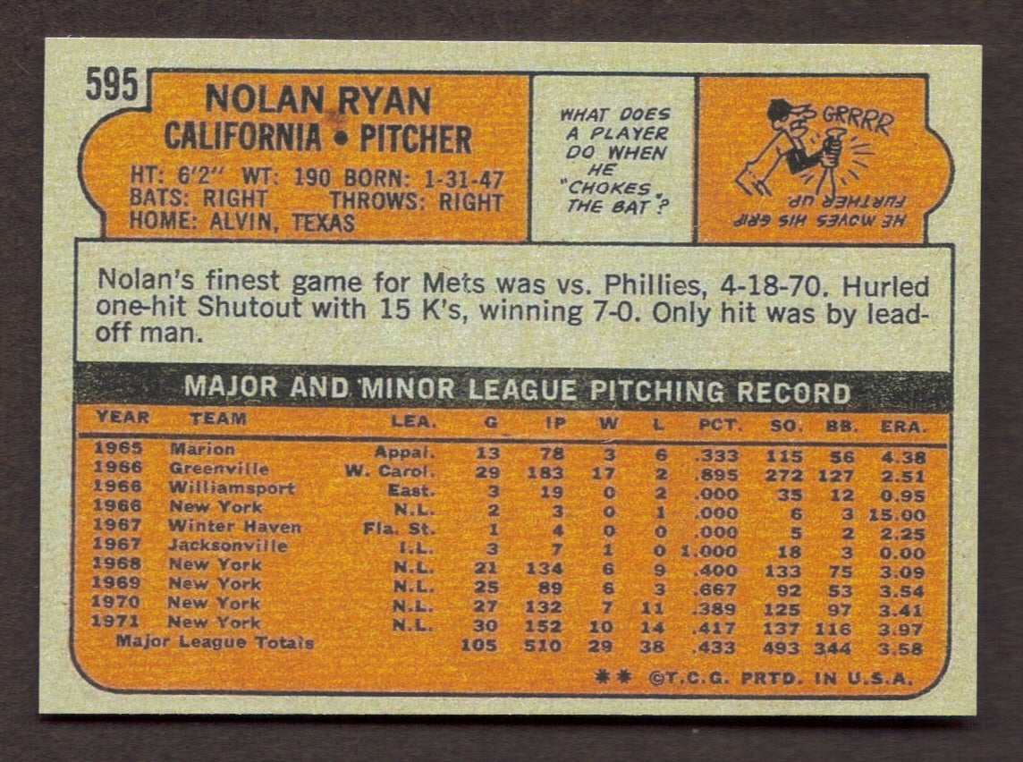 NOLAN RYAN RP Card 595 High# Angels 1972 T