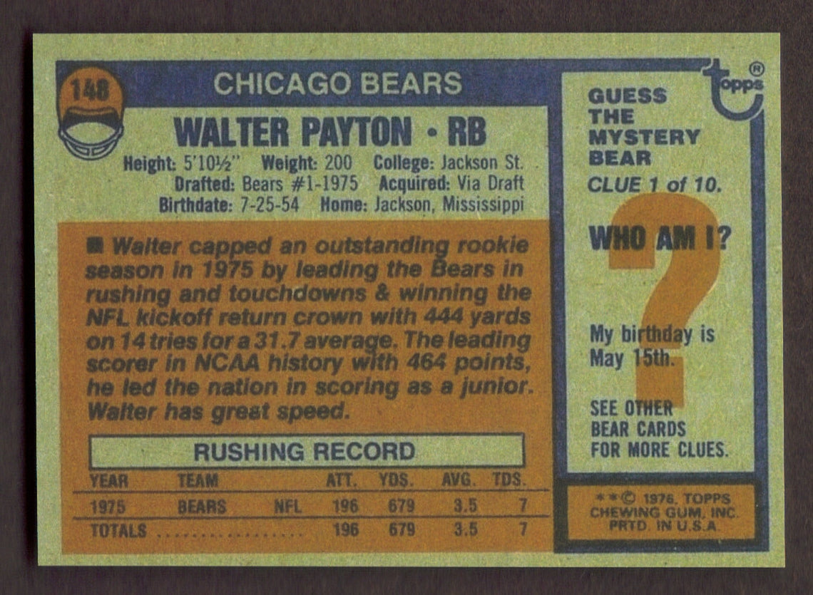 WALTER PAYTON Rookie RP Card 148 Bears RC 1976 T