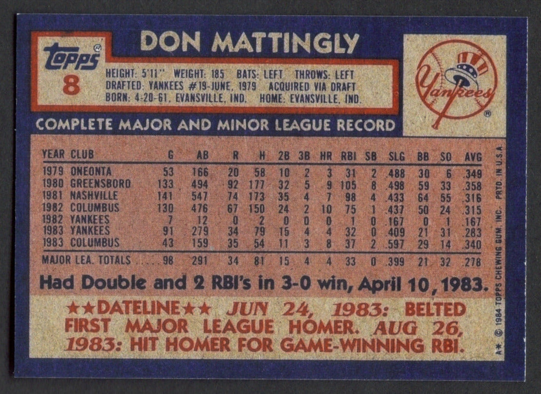 DON MATTINGLY Rookie RP Card 8 Yankees RC 1984 T