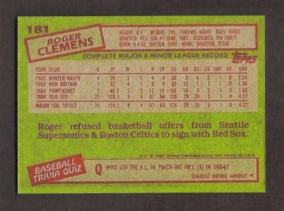 ROGER CLEMENS Rookie RP Card 181 Red Sox RC 1985 T