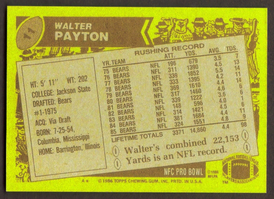 WALTER PAYTON RP Card 11 Bears 1986 T