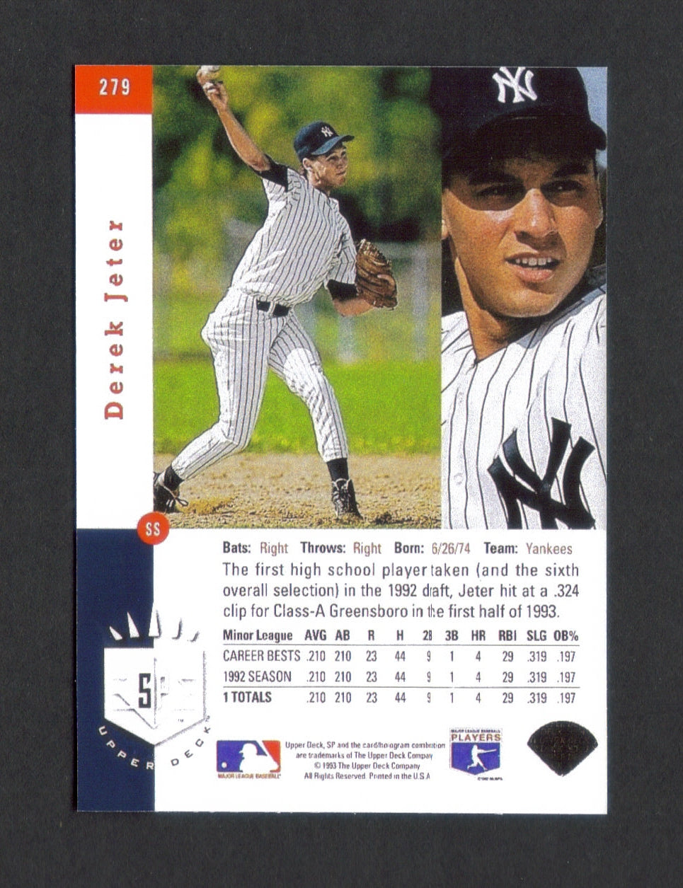 DEREK JETER Rookie RP Card 279 Yankees RC 1993 U SP